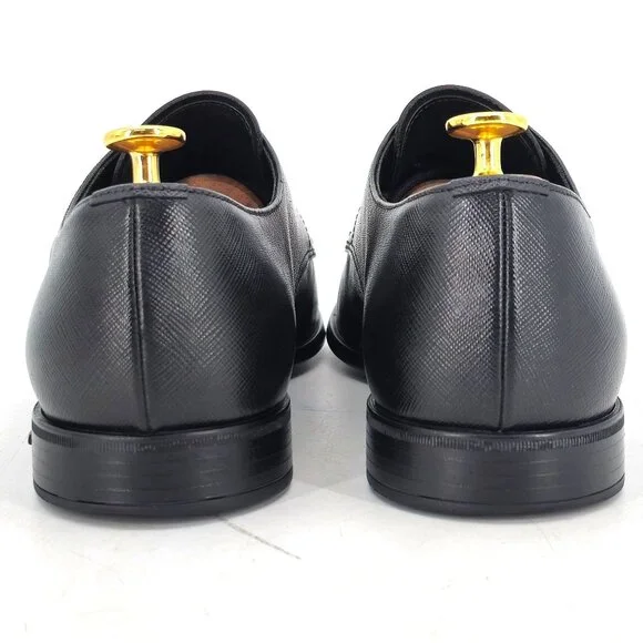 Prada Italian Saffiano Black Leather Dress Shoes Mens 8.5 Luxury Formal Oxfords - Picture 5 of 14